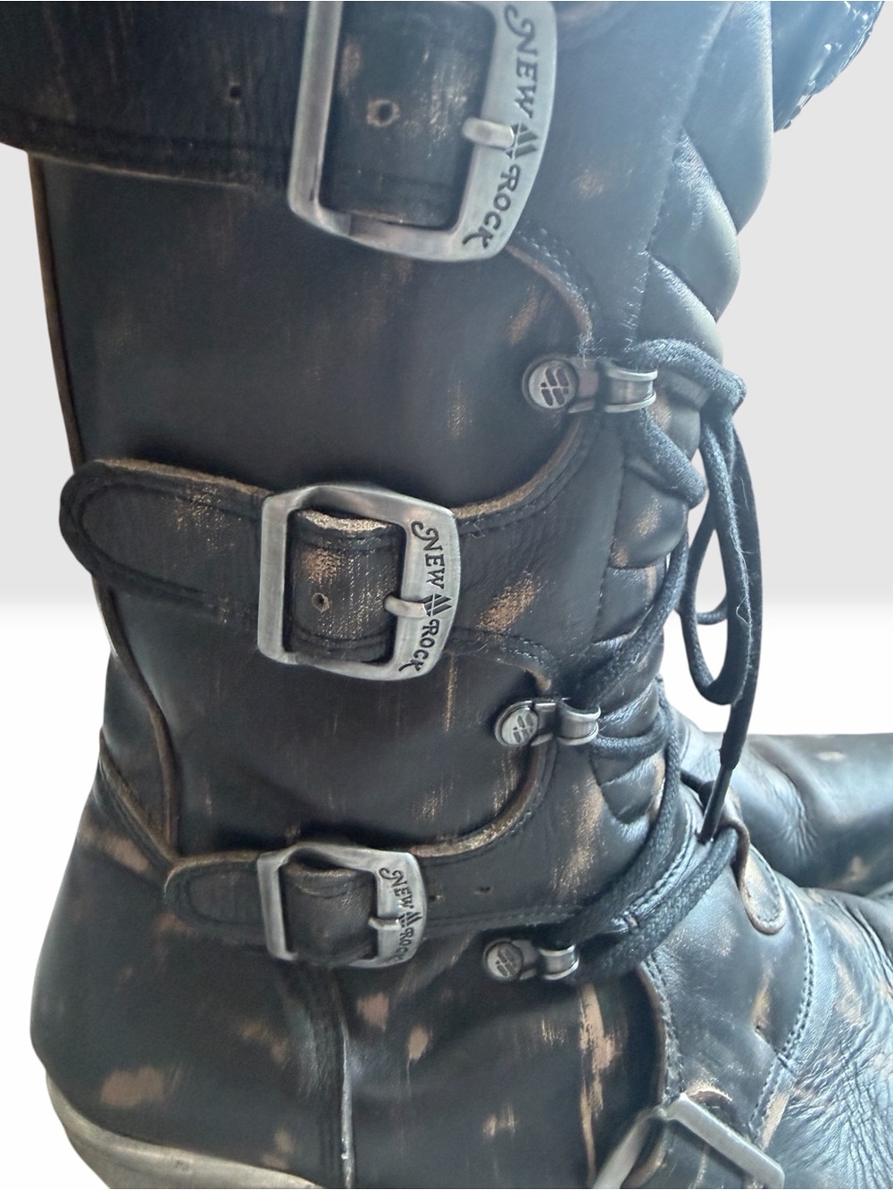 Distressed Black Western Lace-Up Cowboy Boots w/ Buckle Accents Sz US 12. EU 46 - Picture 7 of 10